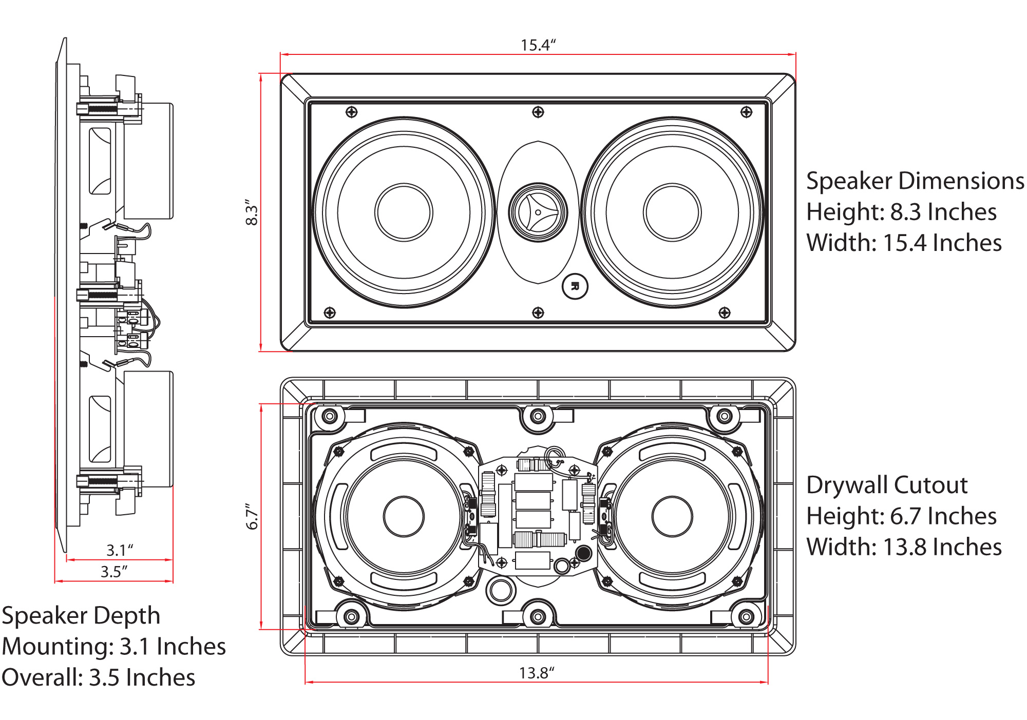 Each, White Micca M-CS Center Channel In-Wall Speaker with Dual 5.25 Inch Woofers and Pivoting 1 Silk Dome Tweeter 